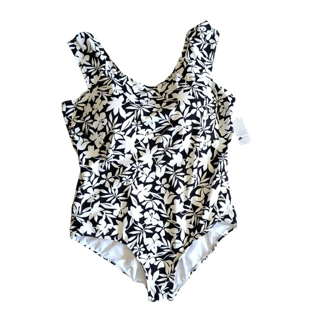 New Lands’ End Women’s 24W 3X Swimsuit OnePiece Cap Sleeve Black White Floral